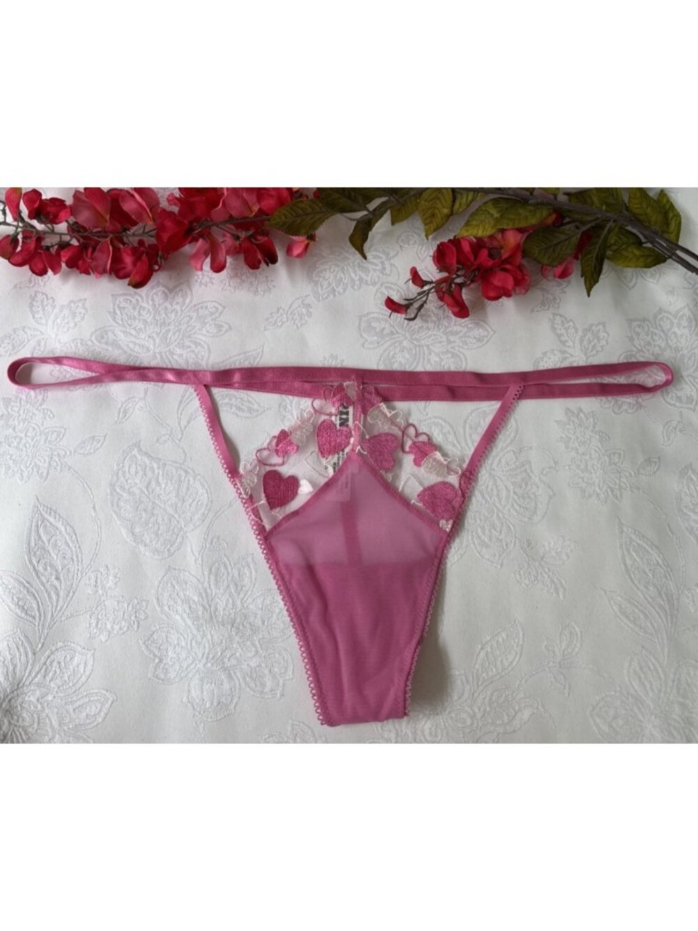 PINK VICTORIA'S SECRET XL EMBROIDERED HEARTS STRAPPY V STRING THONG PANTIES NWT